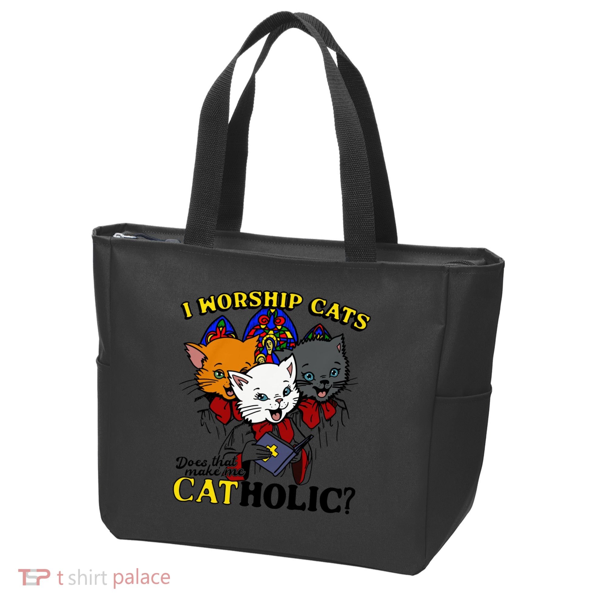 I Worship Cats Does That Make Me Catholic Funny Cat Lovers Tote Bag