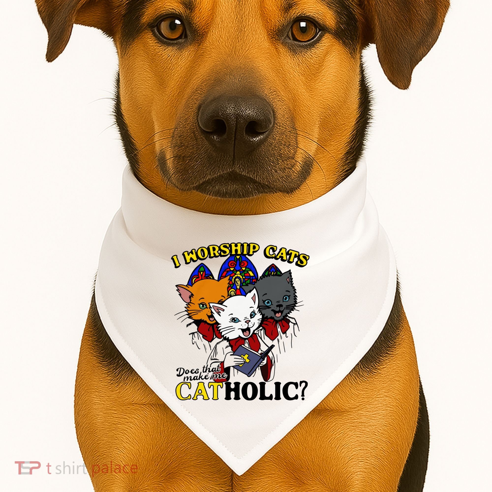 I Worship Cats Does That Make Me Catholic Funny Cat Lovers USA-Made Doggie Bandana