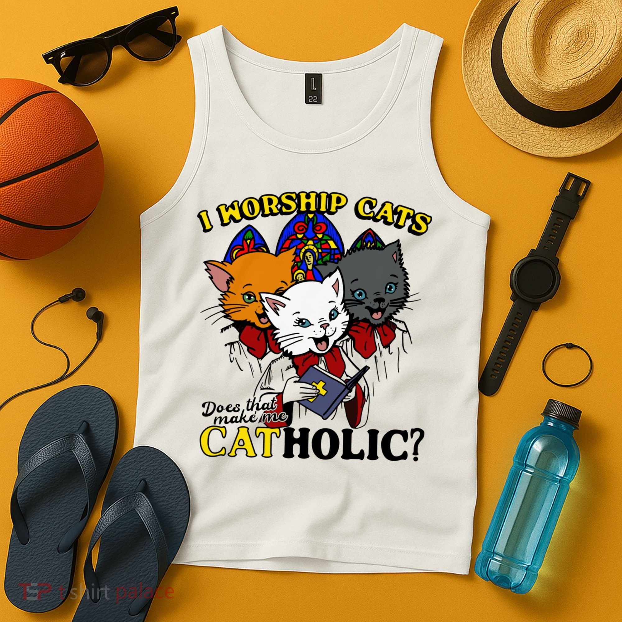 I Worship Cats Does That Make Me Catholic Funny Cat Lovers Tank Top