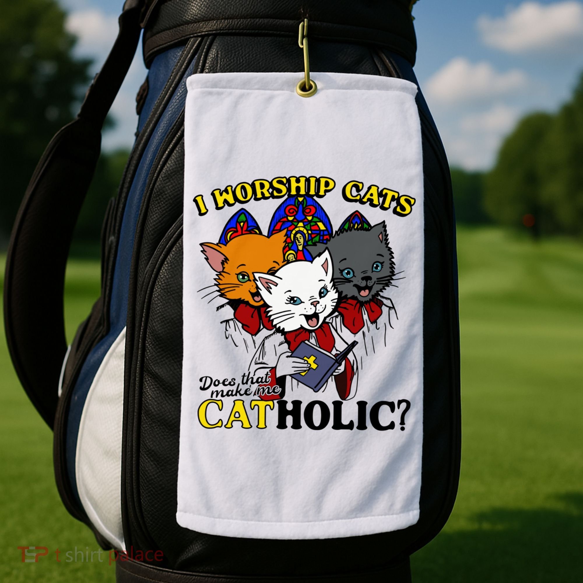 I Worship Cats Does That Make Me Catholic Funny Cat Lovers Golf Towel