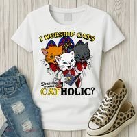 I Worship Cats Does That Make Me Catholic Funny Cat Lovers Women's T-Shirt thumb 3