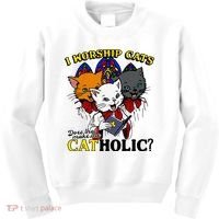 I Worship Cats Does That Make Me Catholic Funny Cat Lovers Kids Sweatshirt thumb 0