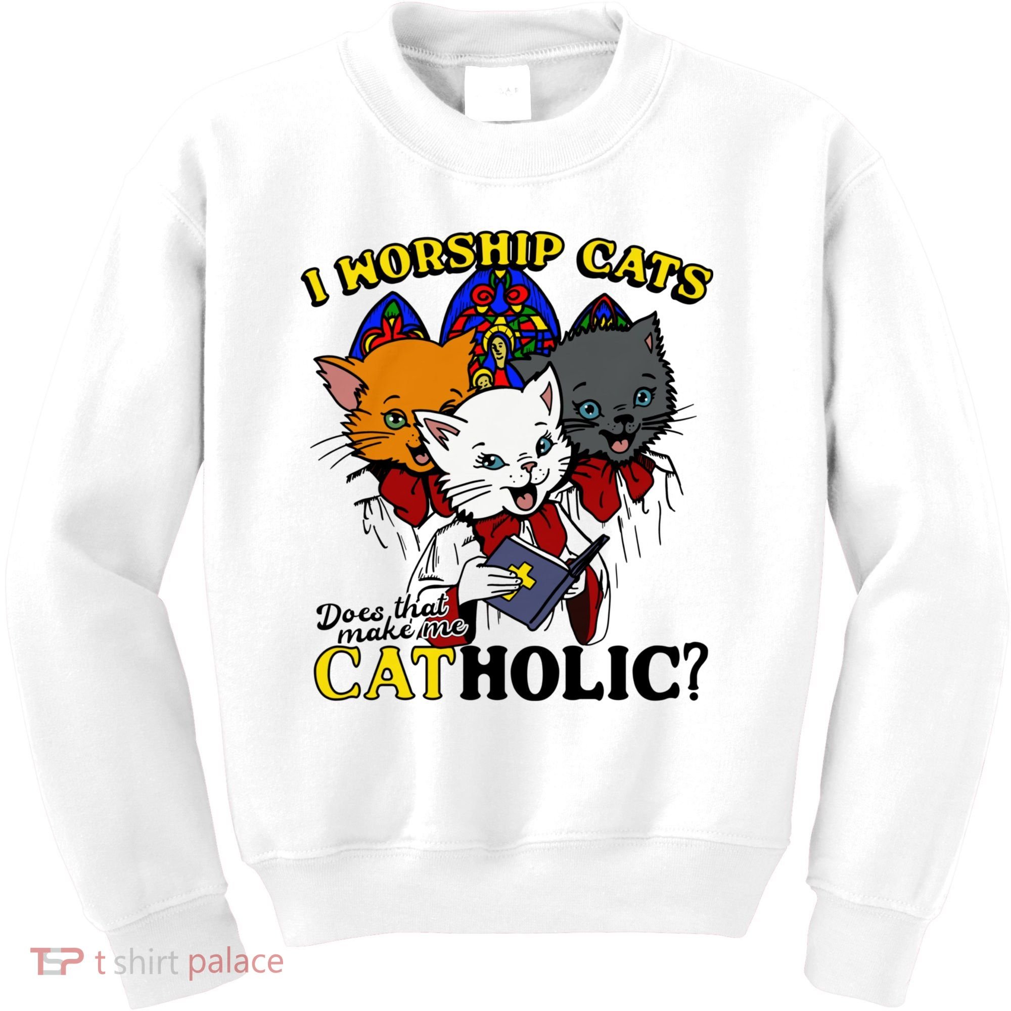 I Worship Cats Does That Make Me Catholic Funny Cat Lovers Kids Sweatshirt