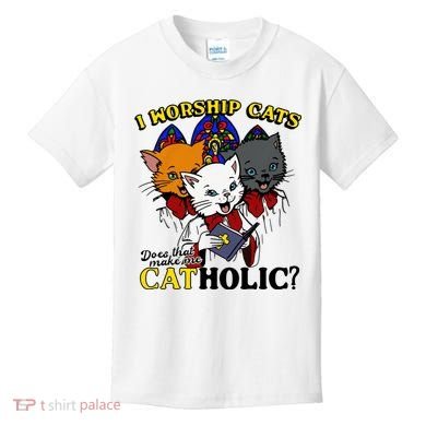 I Worship Cats Does That Make Me Catholic Funny Cat Lovers Kids T-Shirt