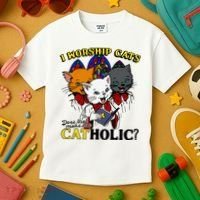 I Worship Cats Does That Make Me Catholic Funny Cat Lovers Kids T-Shirt thumb 3