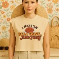 I Want Em Real Thick And Juicy Funny Thanksgiving Garment-Dyed Women's Muscle Tee thumb 4