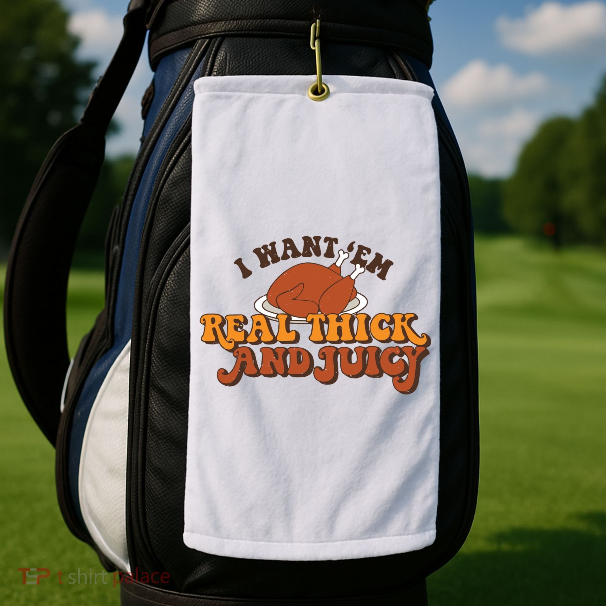 I Want Em Real Thick And Juicy Funny Thanksgiving Golf Towel