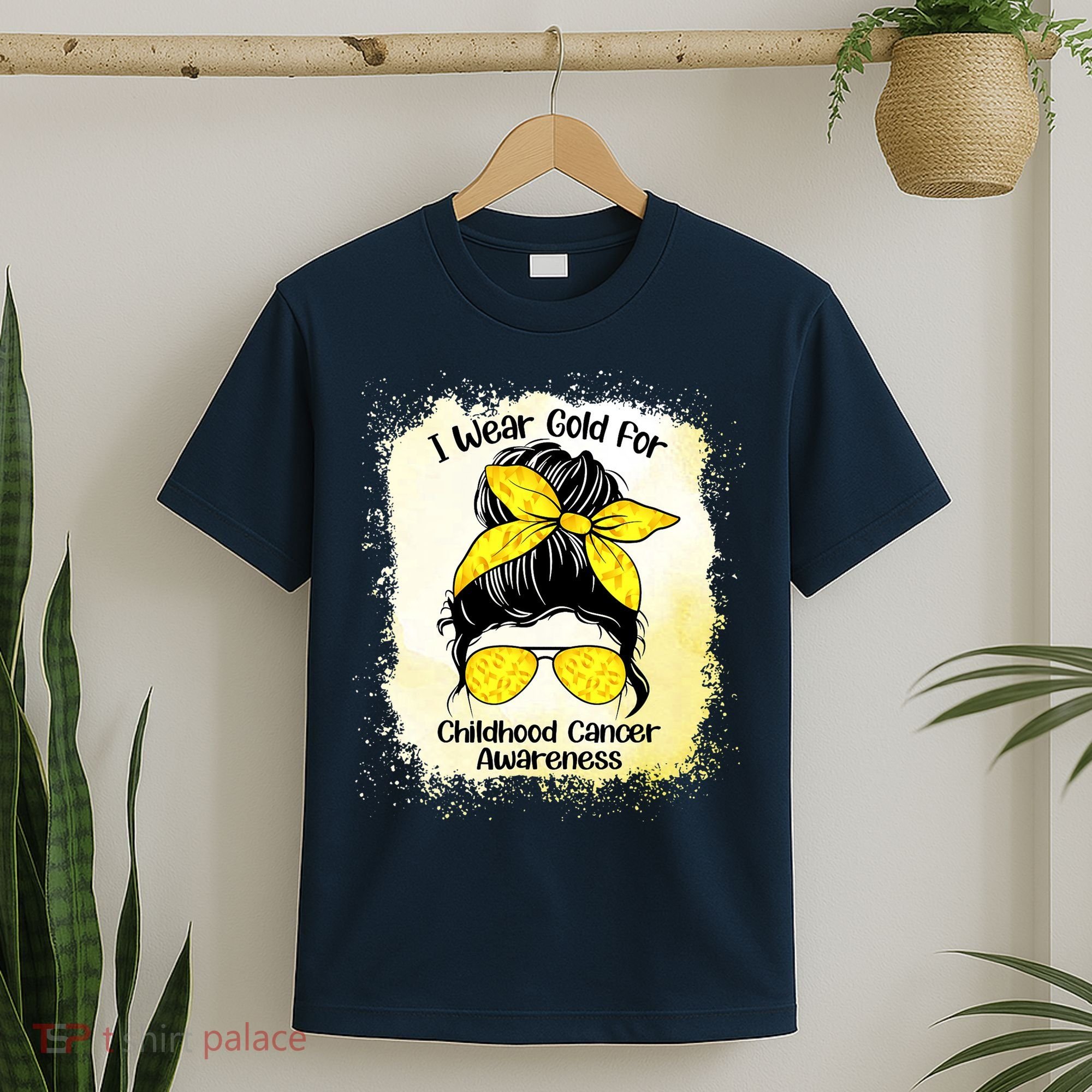 I Wear Gold For Childhood Cancer Awareness Shirts Messy Bun T-Shirt