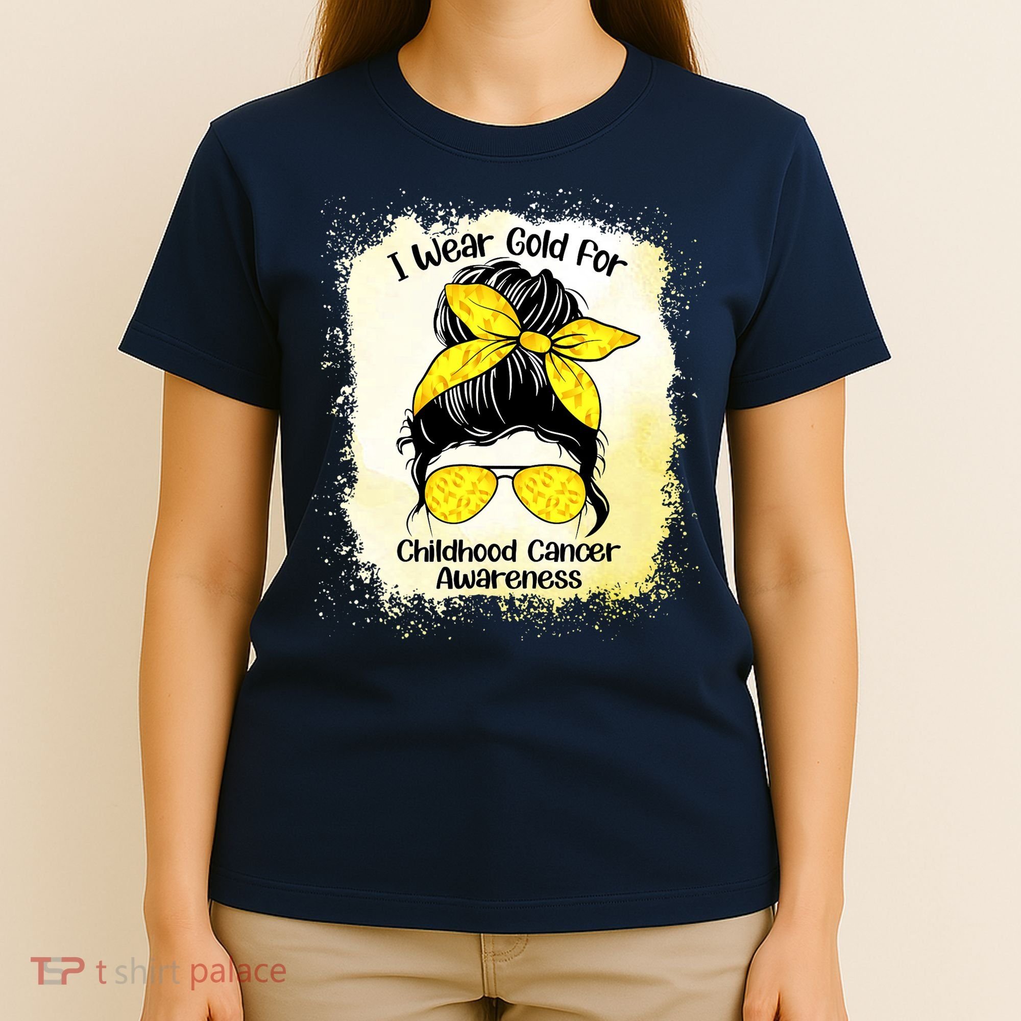 I Wear Gold For Childhood Cancer Awareness Shirts Messy Bun T-Shirt