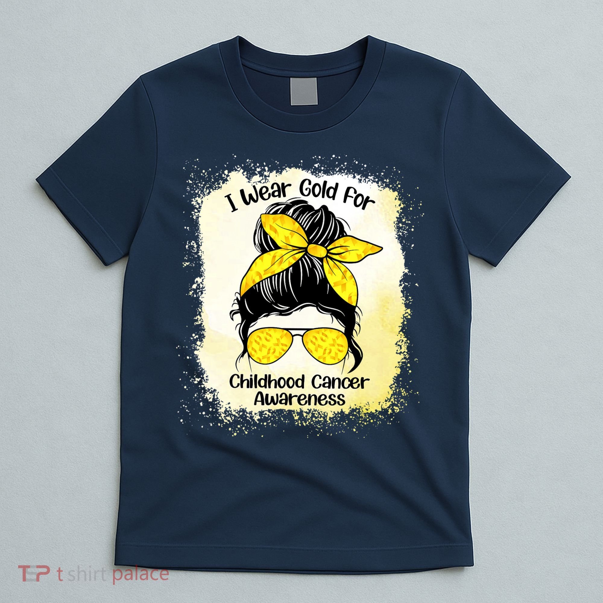 I Wear Gold For Childhood Cancer Awareness Shirts Messy Bun T-Shirt