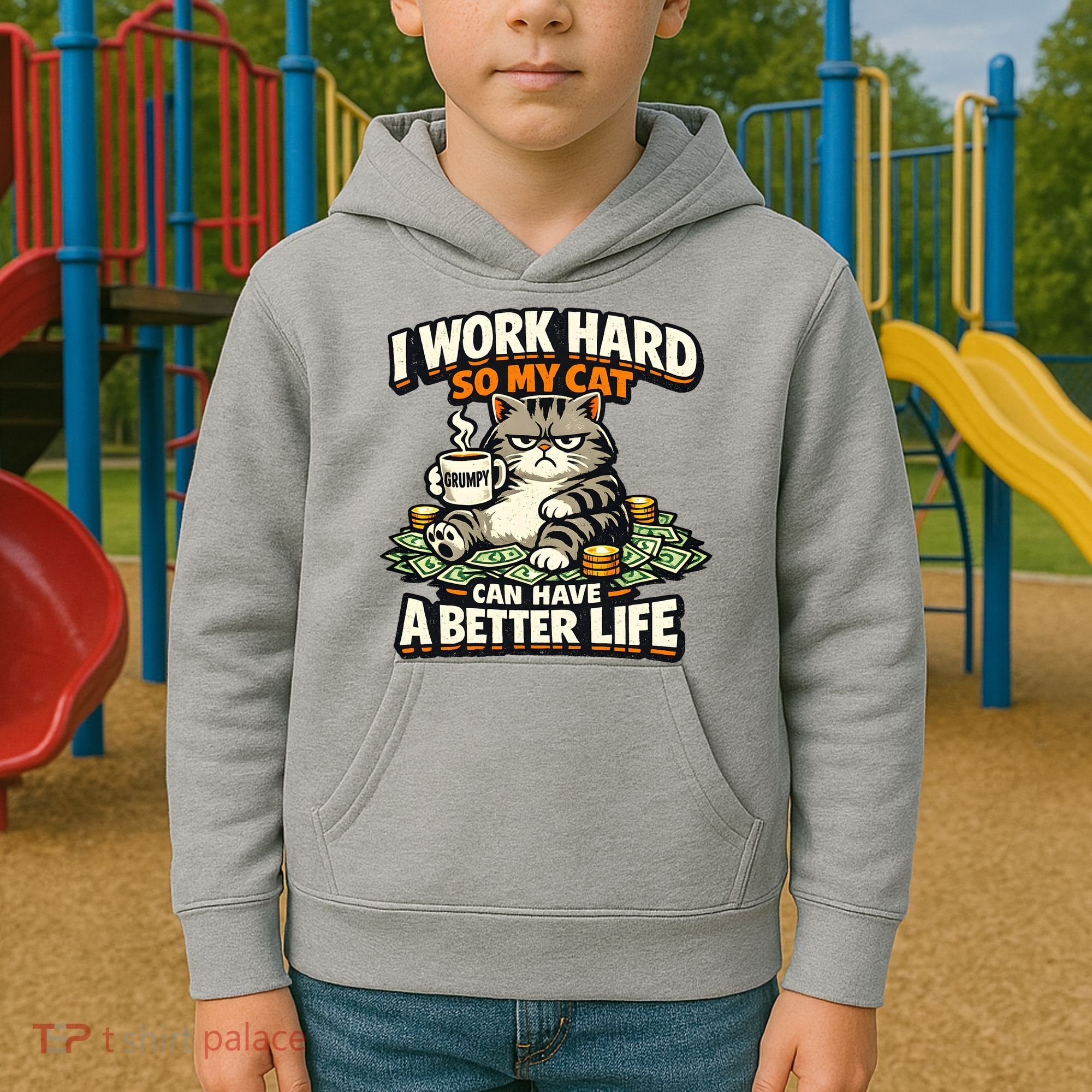 I Work Hard So My Cat Can Have A Better Life Cat Humor Kids Hoodie