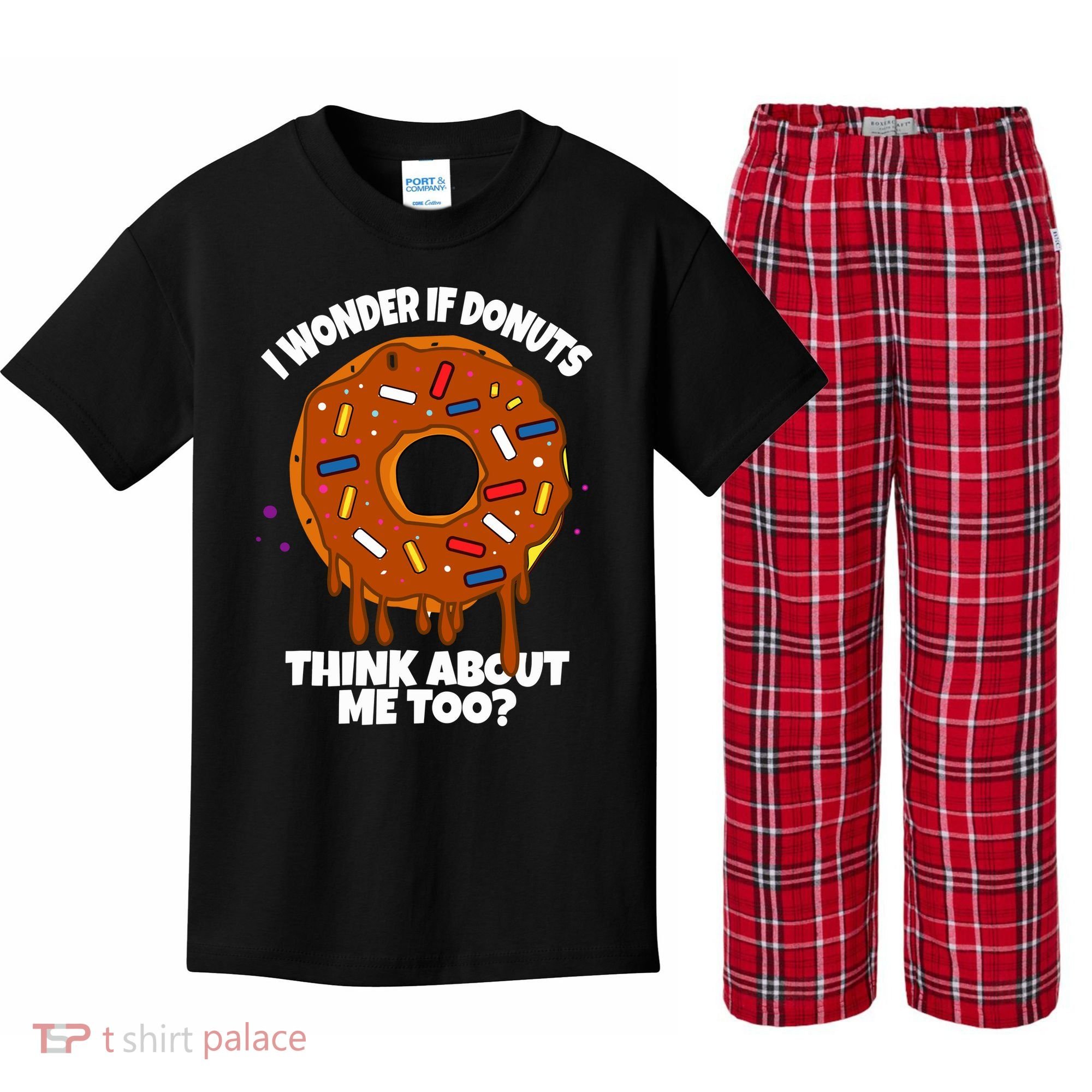 I Wonder If Donuts Think About Me Too | Doughnuts Cute Donut Kids Plaid Pajama Set