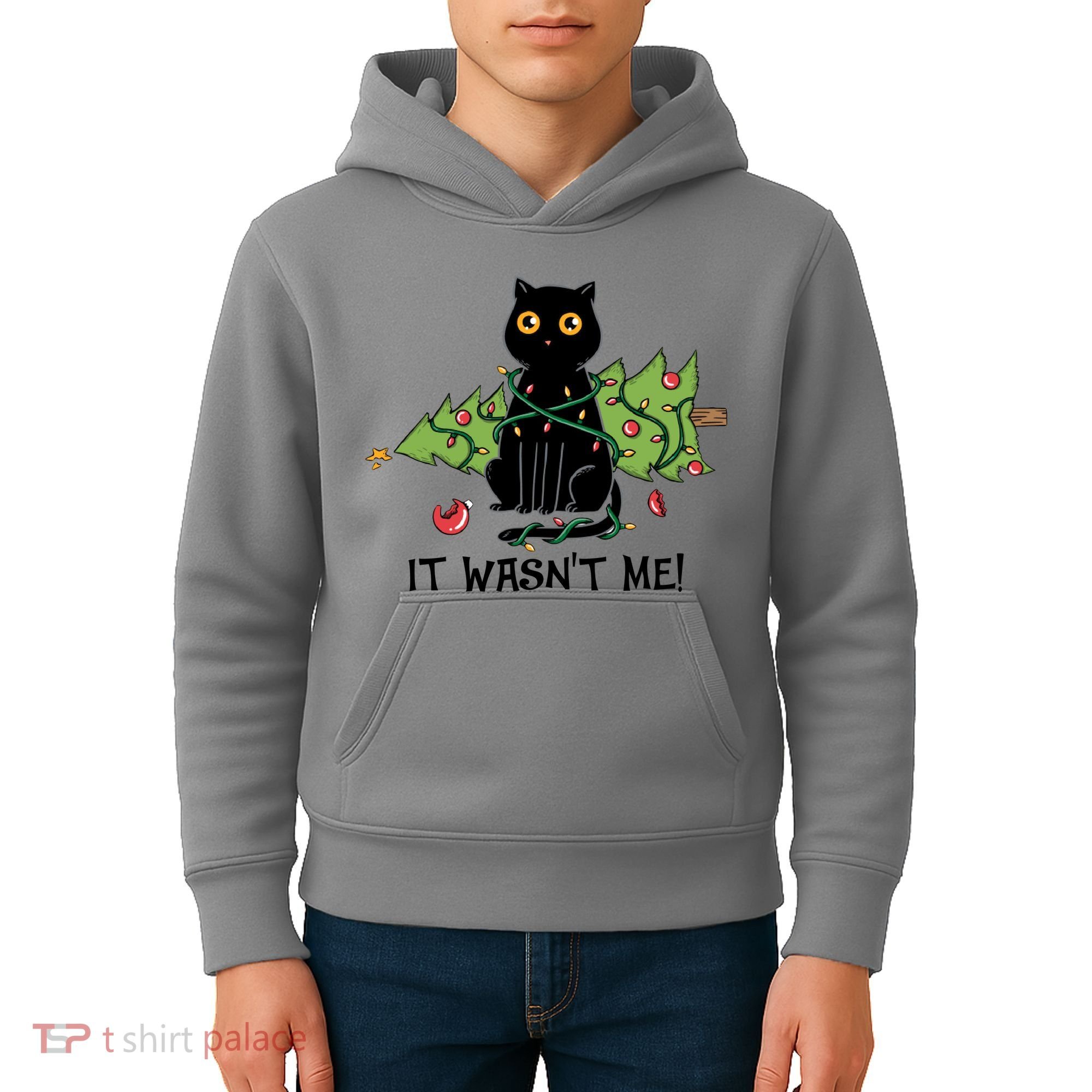 It Wasnt Me Christmas Tree Funny Cat Kids Hoodie