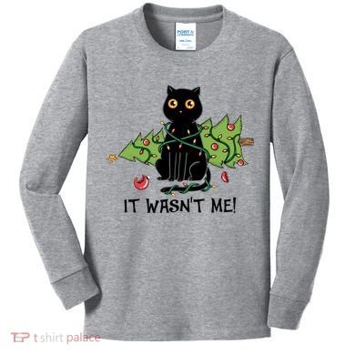 It Wasnt Me Christmas Tree Funny Cat Kids Long Sleeve Shirt
