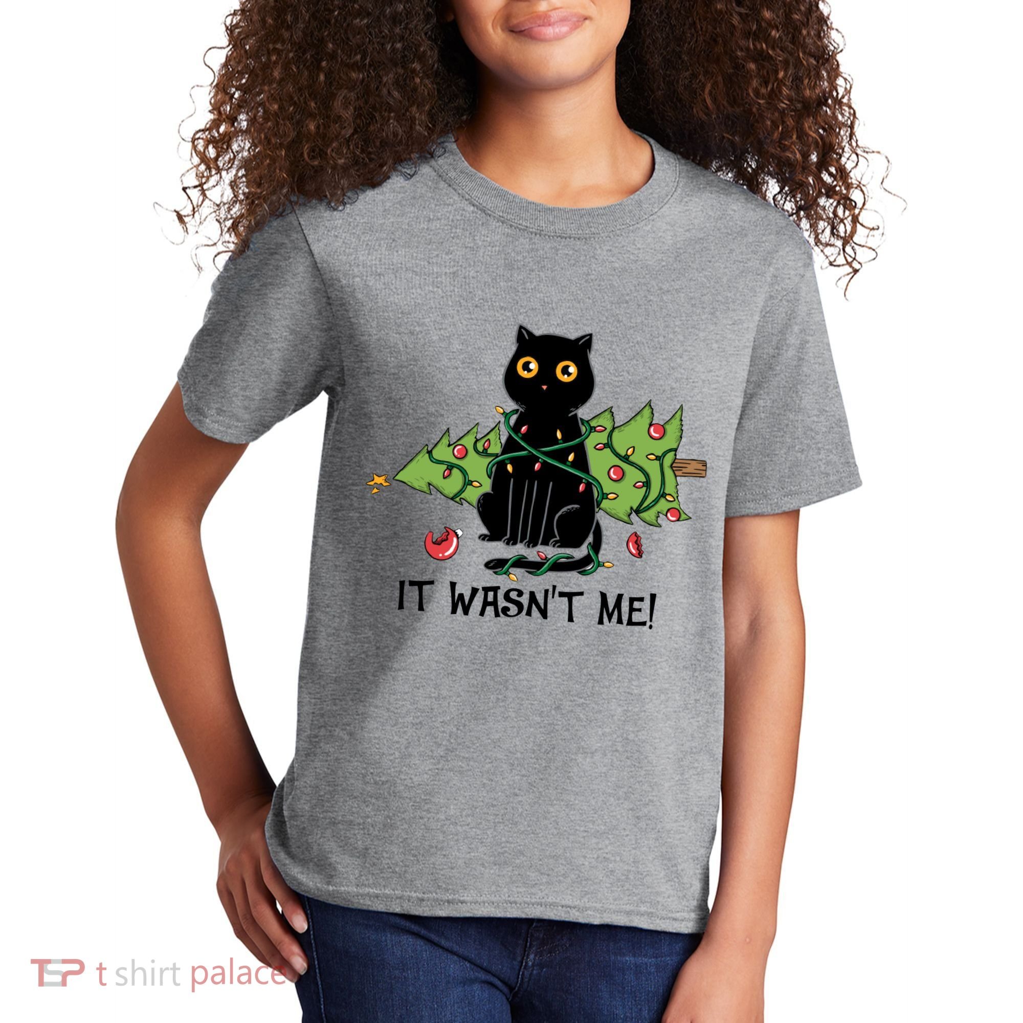 It Wasnt Me Christmas Tree Funny Cat Kids T-Shirt