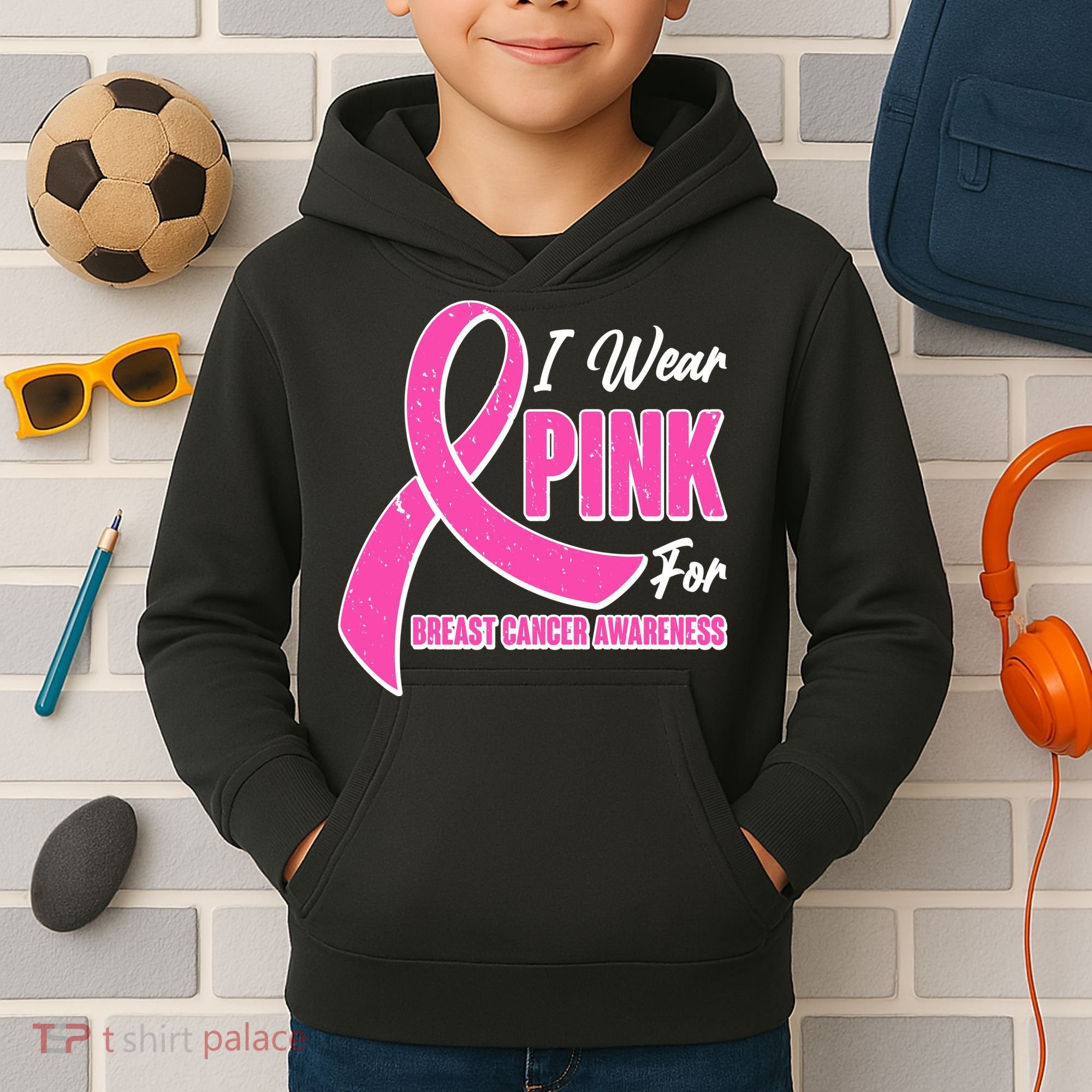 I Wear Pink For Breast Cancer Awareness Kids Hoodie