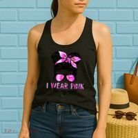 I Wear Pink For My Mom Messy Bun Breast Cancer Awareness Women's Tank Top thumb 2