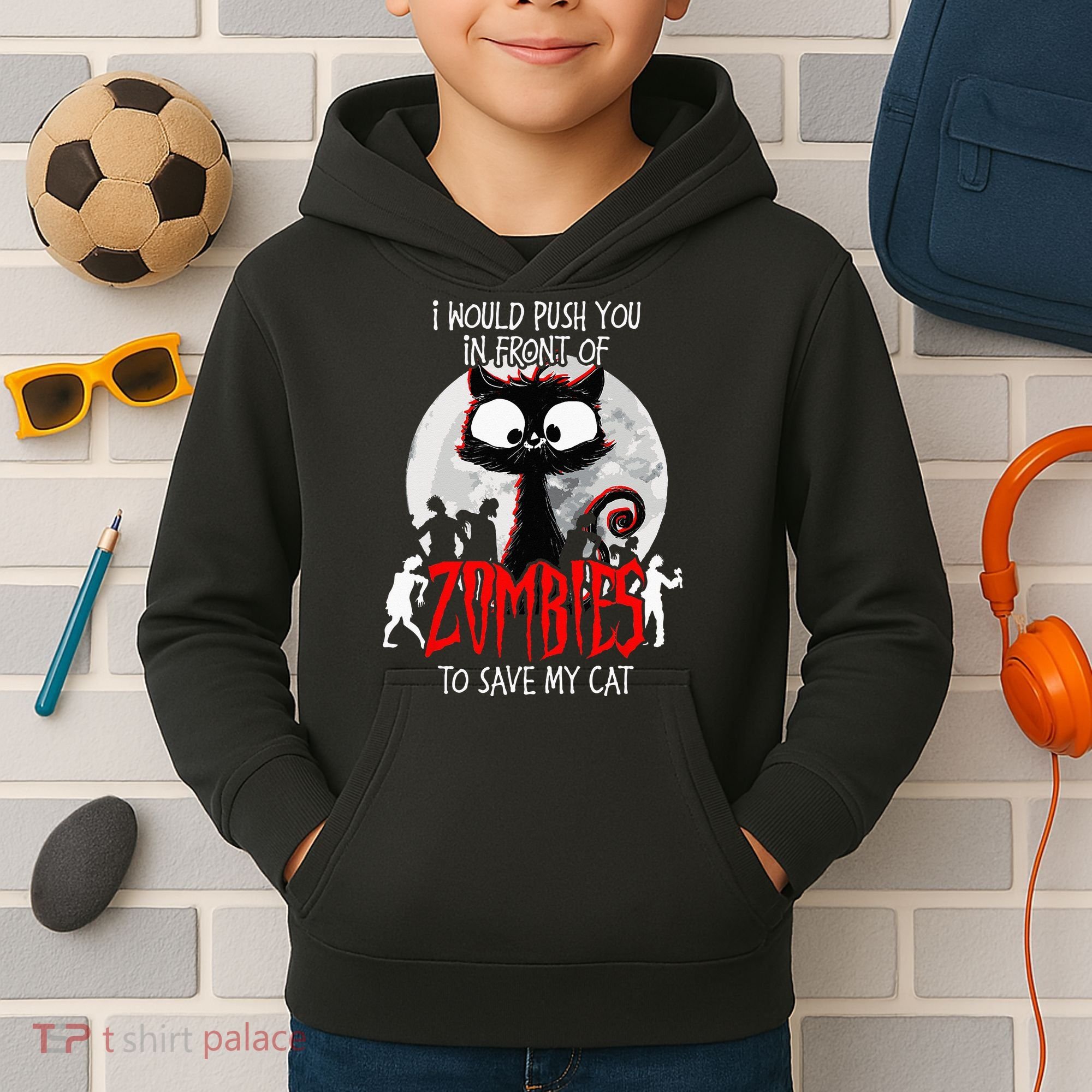 I Would Push You Zombies Cats Zombie Cat Cute Black Cat Kids Hoodie