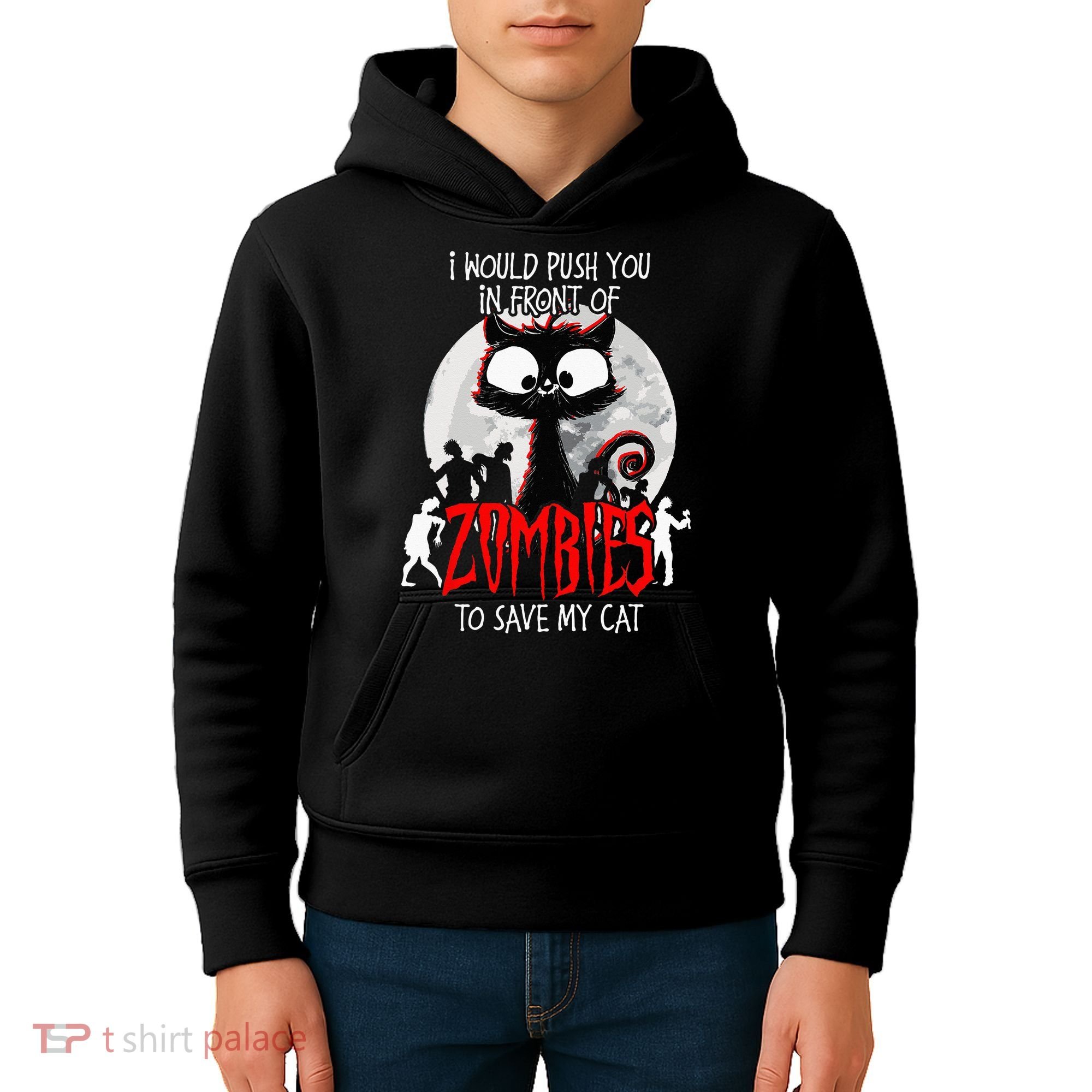 I Would Push You Zombies Cats Zombie Cat Cute Black Cat Kids Hoodie