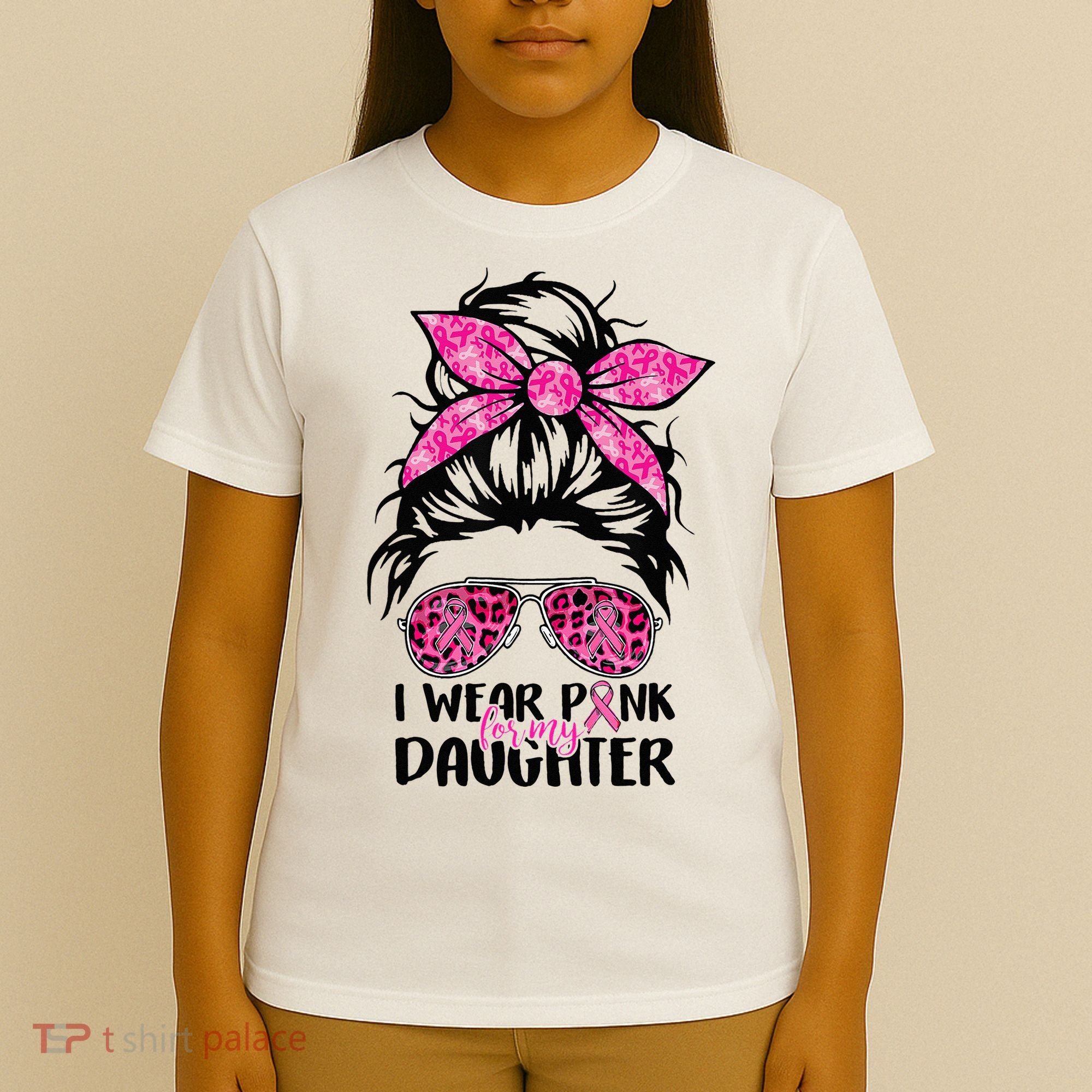 I Wear Pink For My Daughter Messy Bun Breast Cancer Support T-Shirt