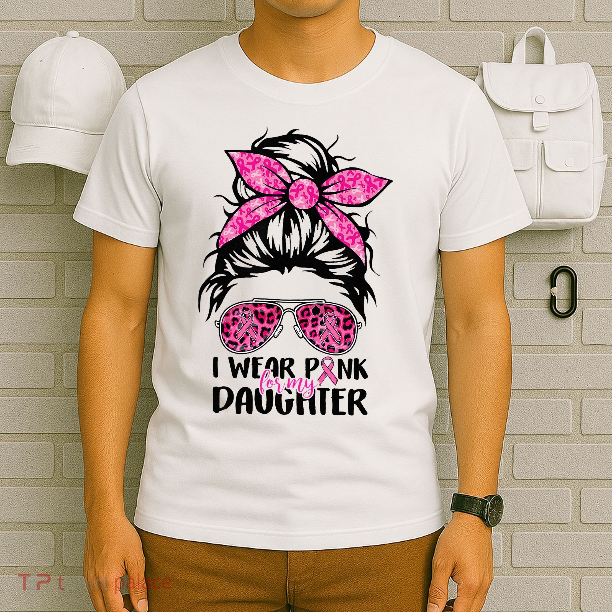 I Wear Pink For My Daughter Messy Bun Breast Cancer Support T-Shirt