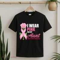 I Wear Pink For My Aunt Breast Cancer Floral Ribbon T-Shirt thumb 2
