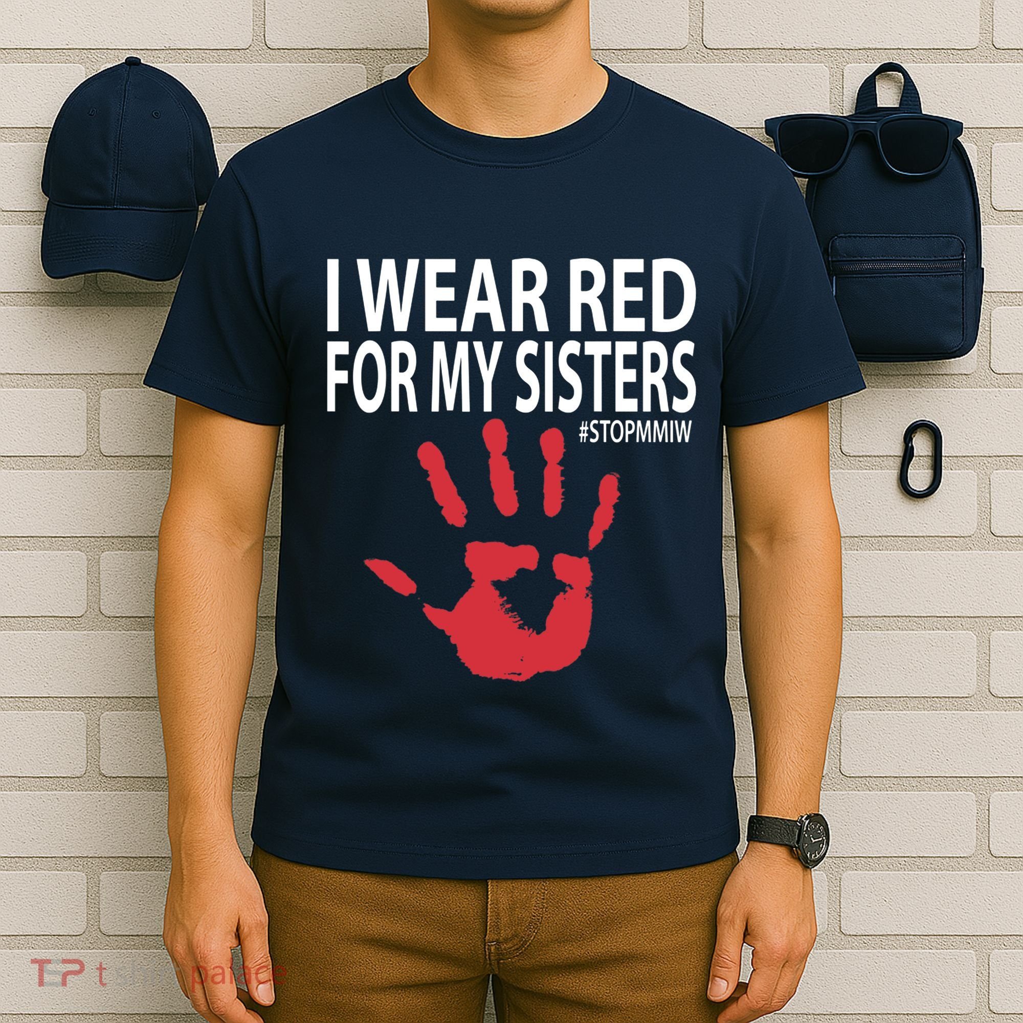 I Wear Red For My,Sister Native American Stop MMIW Red Hand T-Shirt
