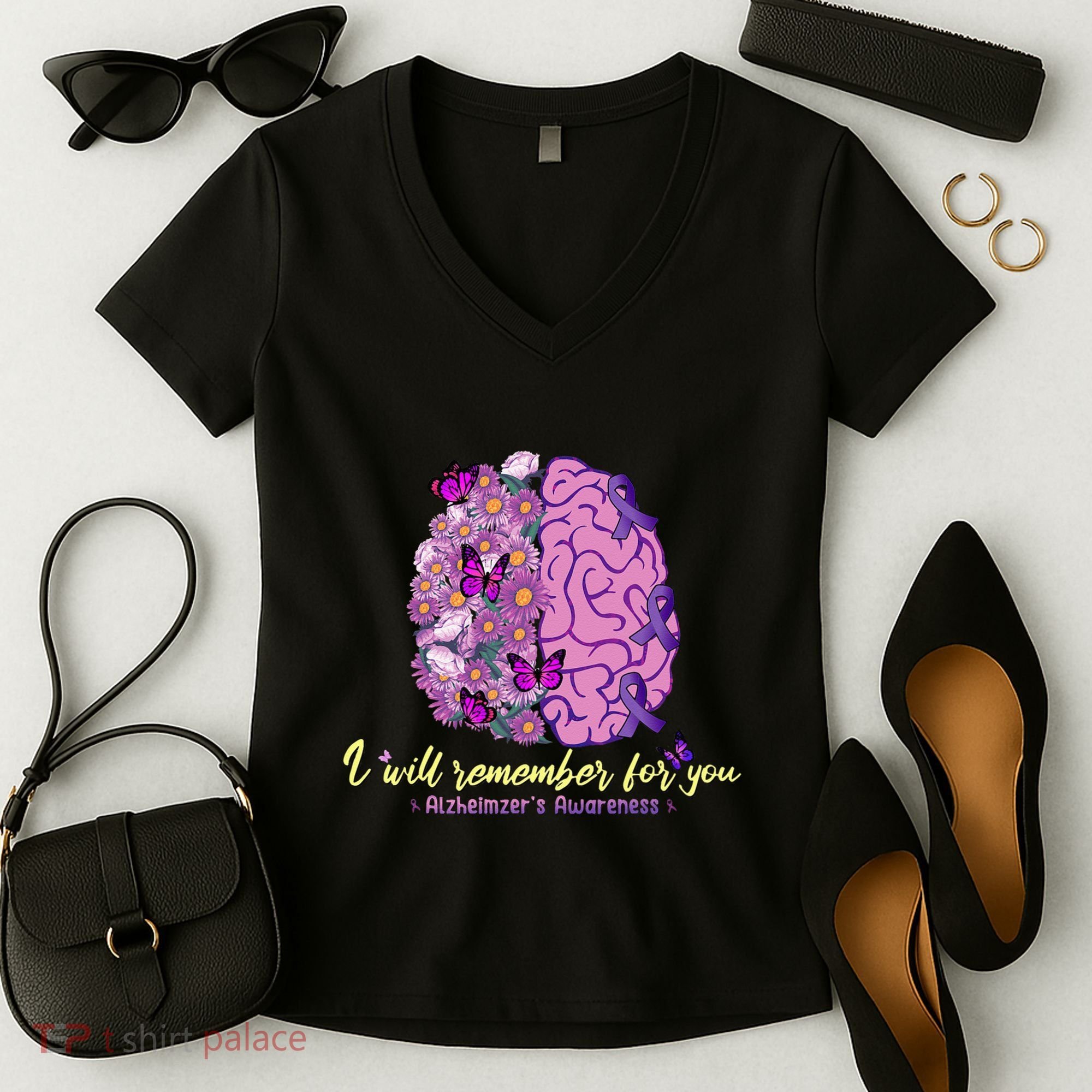I Will Remember For You Brain Alzheimers Awareness Women's V-Neck T-Shirt