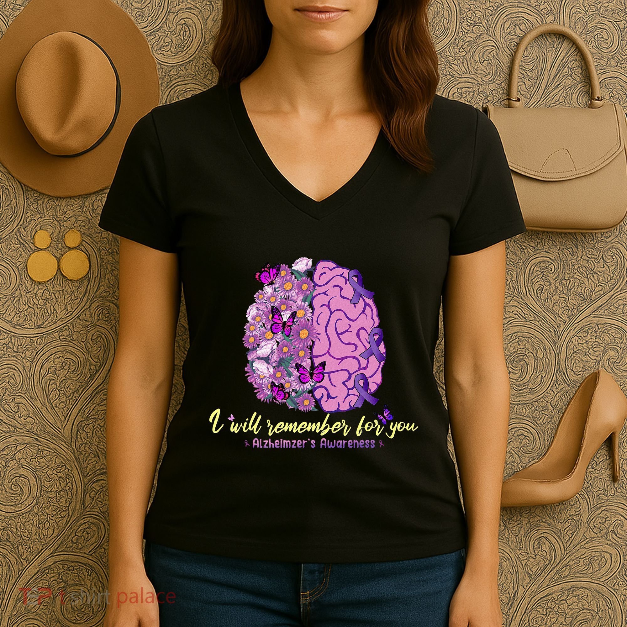 I Will Remember For You Brain Alzheimers Awareness Women's V-Neck T-Shirt