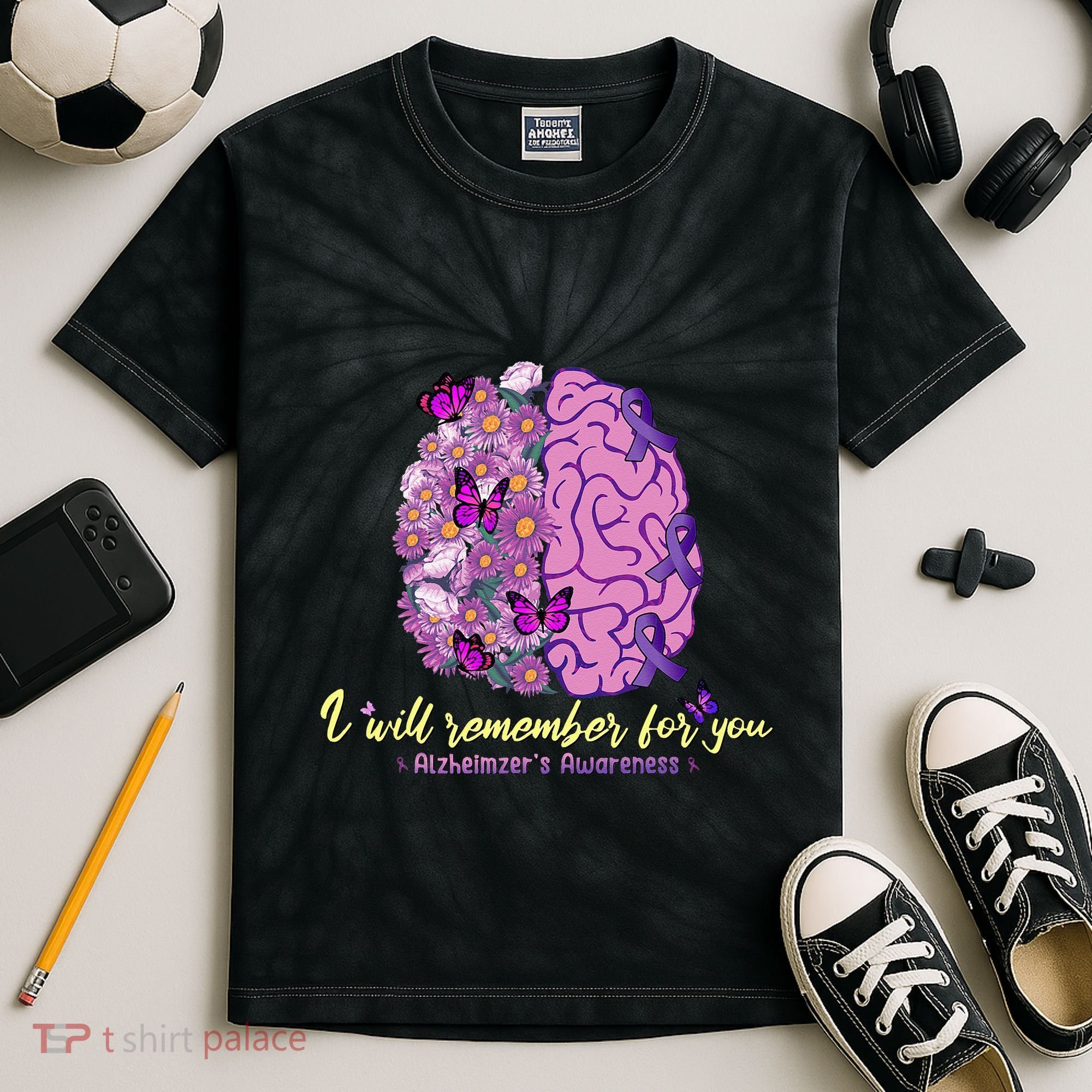 I Will Remember For You Brain Alzheimers Awareness Kids Tie-Dye T-Shirt