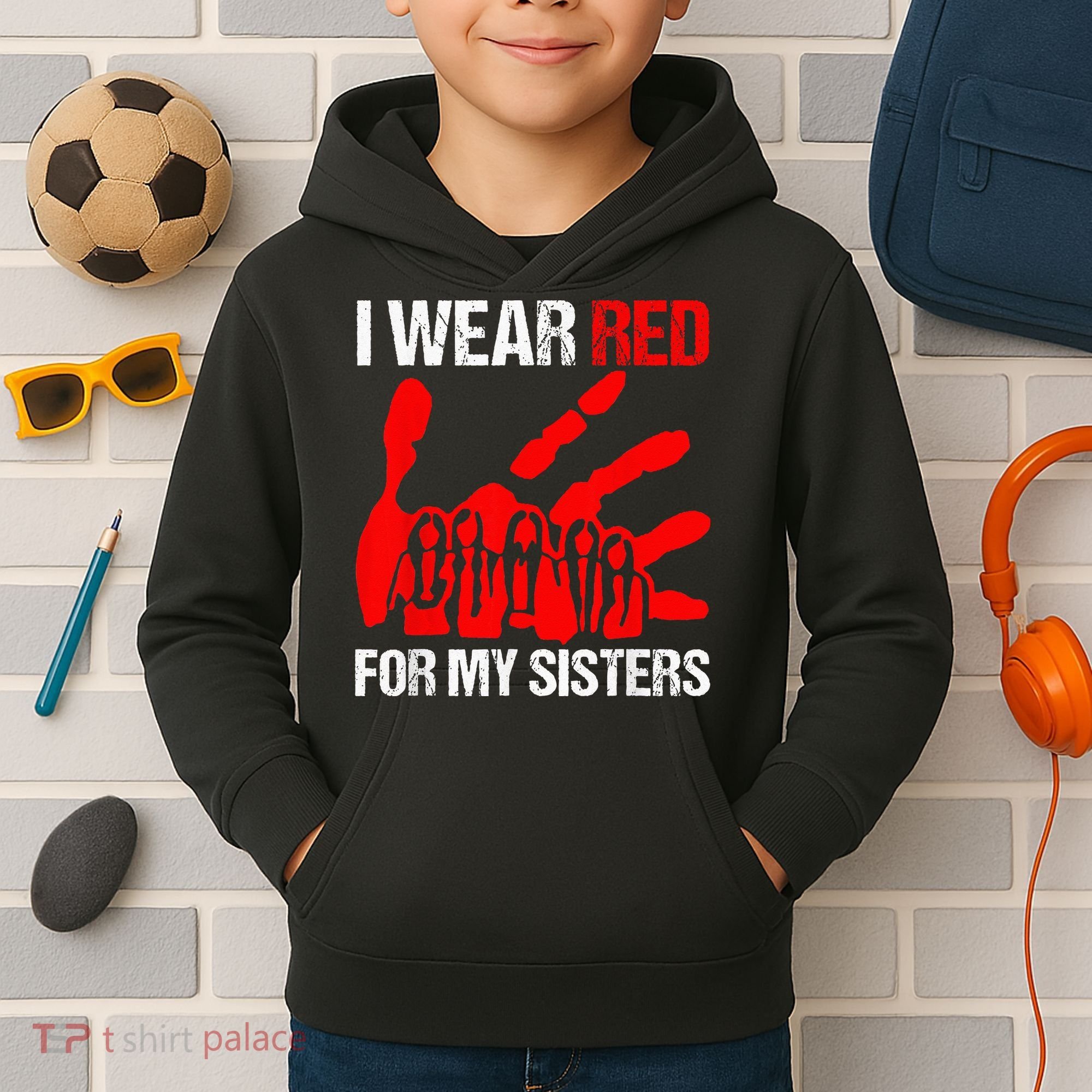 I Wear Red For MySister Native American Stop MMIW Red Hand Kids Hoodie