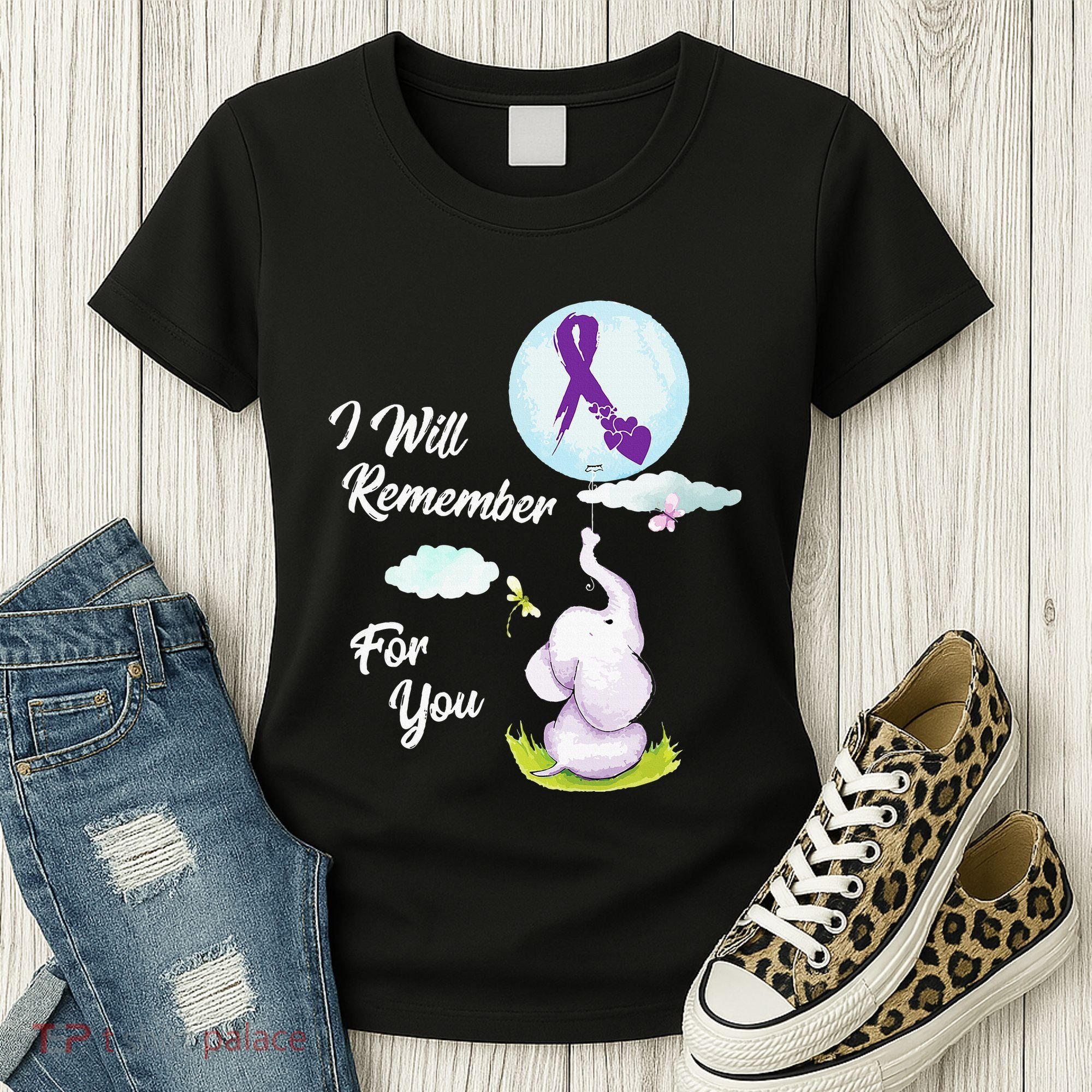 I Will Remember For You Alzheimers Awareness Elephant Ribbon Women's T-Shirt