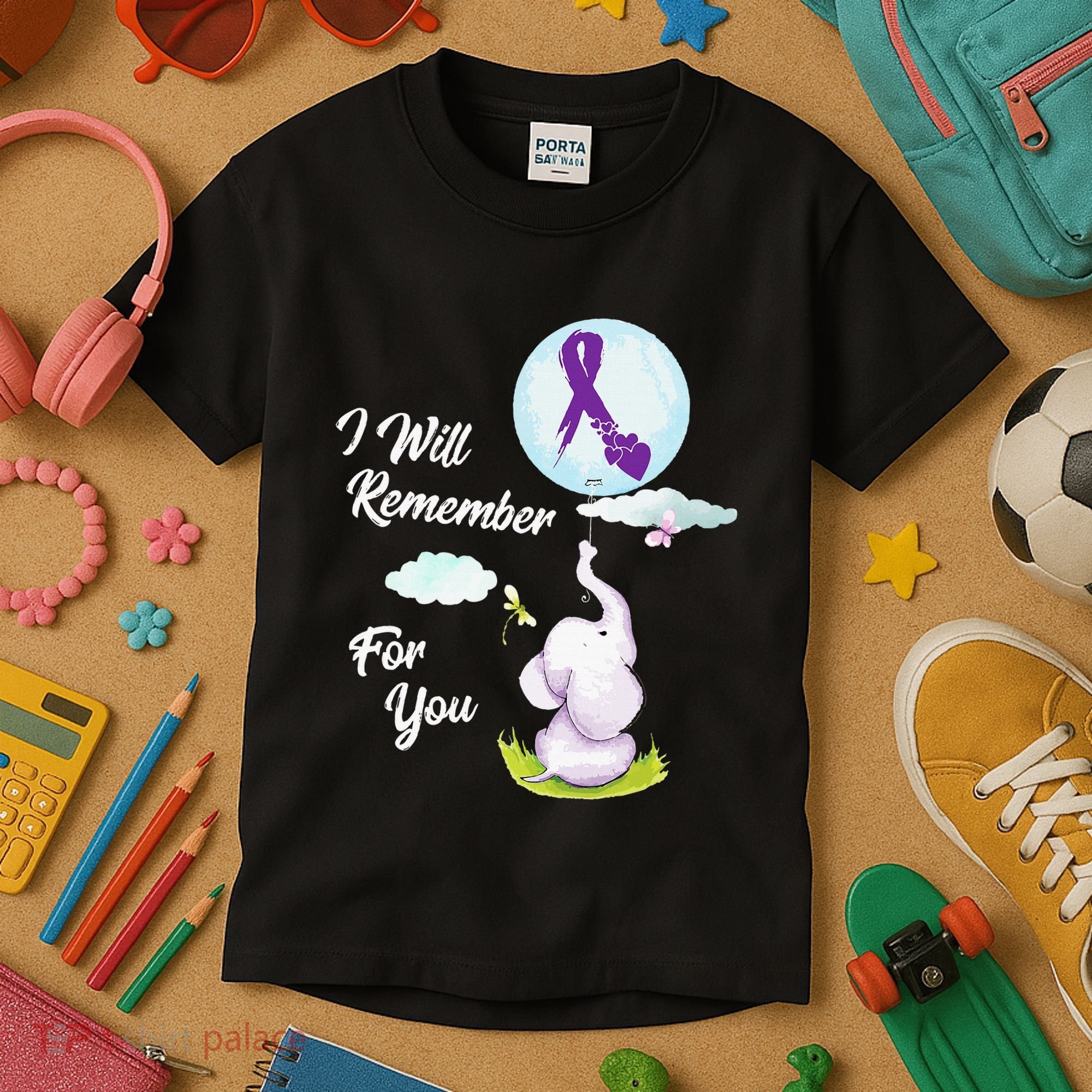 I Will Remember For You Alzheimers Awareness Elephant Ribbon Kids T-Shirt