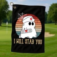 I Will Stab You Ghost Nurse Retro Funny Halloween For Nurses Gift Golf Towel thumb 1