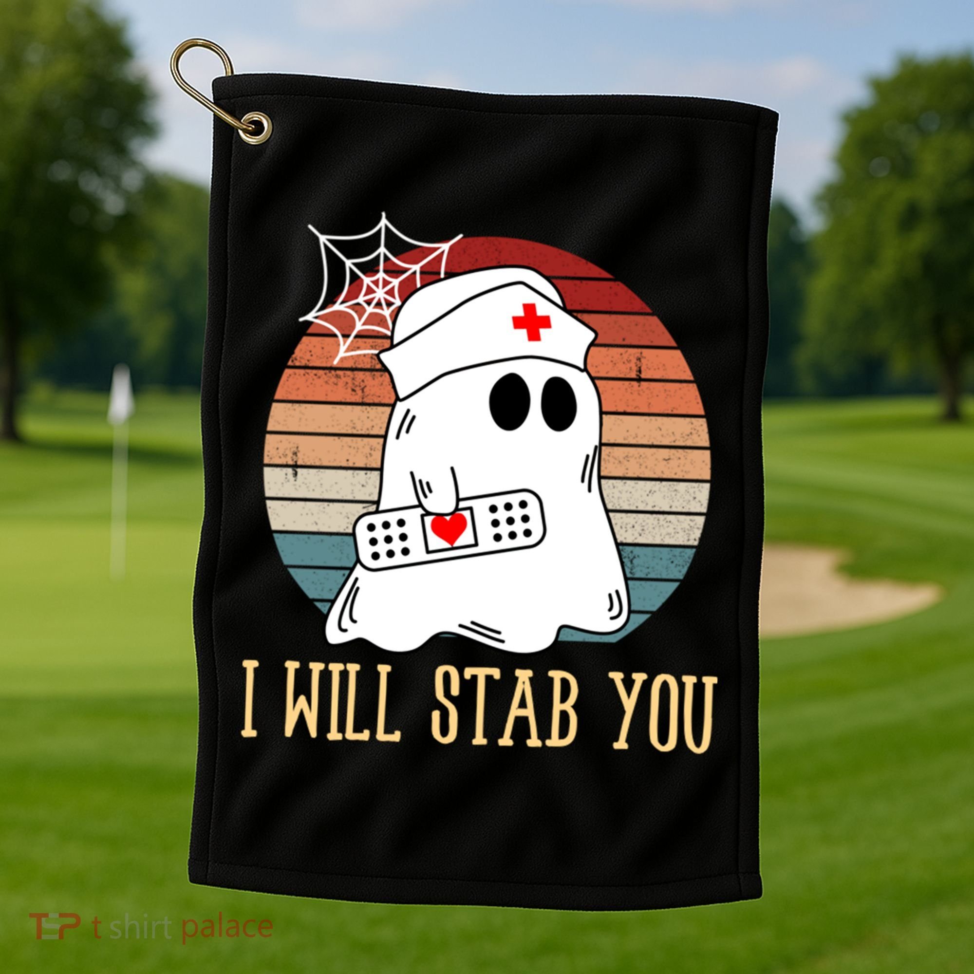 I Will Stab You Ghost Nurse Retro Funny Halloween For Nurses Gift Golf Towel