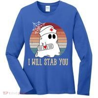 I Will Stab You Ghost Nurse Retro Funny Halloween For Nurses Gift Women's Long Sleeve Shirt thumb 0