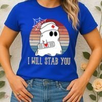 I Will Stab You Ghost Nurse Retro Funny Halloween For Nurses Gift Women's T-Shirt thumb 2