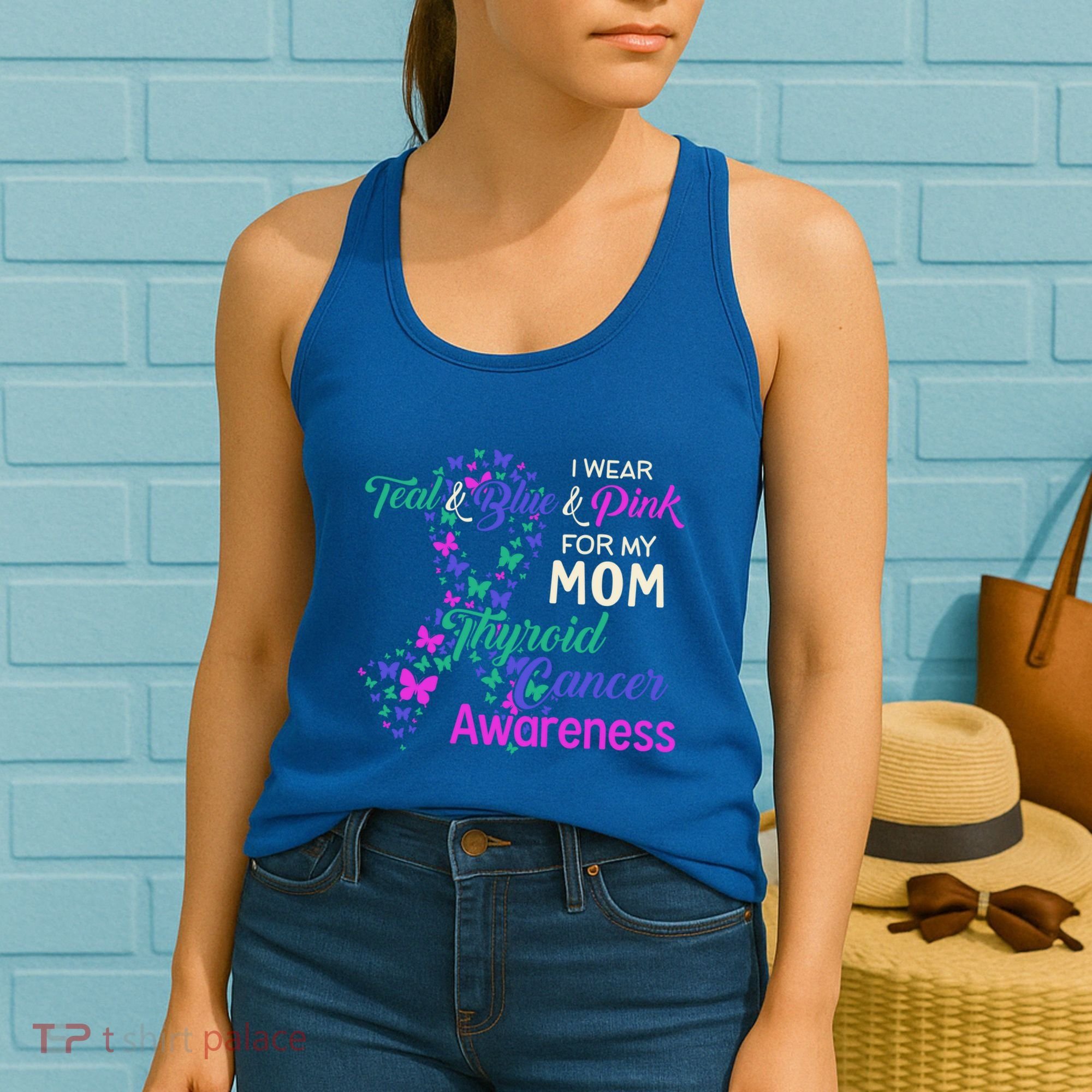 I Wear Teal Blue For My Mom Thyroid Cancer Gift Women's Tank Top