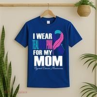 I Wear Teal Blue Pink For My Mom Thyroid Cancer Feather Funny Gift T-Shirt thumb 2