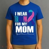 I Wear Teal Blue Pink For My Mom Thyroid Cancer Feather Funny Gift T-Shirt thumb 3