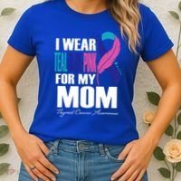 I Wear Teal Blue Pink For My Mom Thyroid Cancer Feather Funny Gift Women's T-Shirt thumb 2