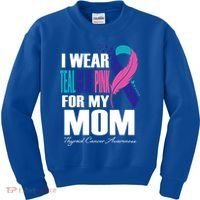 I Wear Teal Blue Pink For My Mom Thyroid Cancer Feather Funny Gift Kids Sweatshirt thumb 0