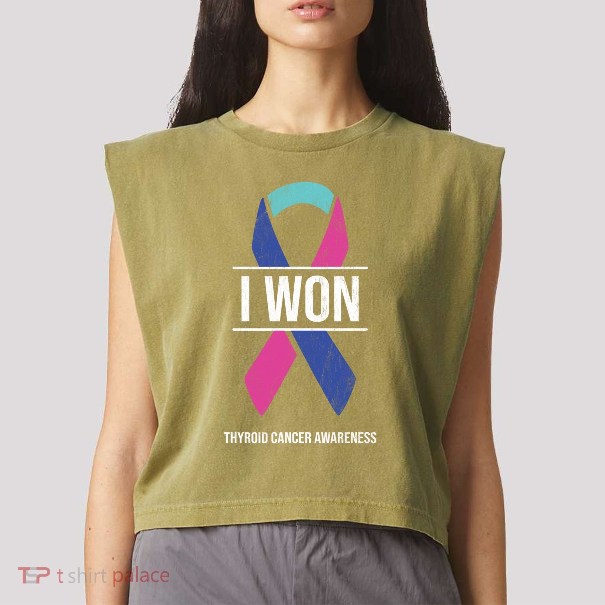 I Won Thyroid Cancer Awareness Thyroid Cancer Ribbon Gift Garment-Dyed Women's Muscle Tee