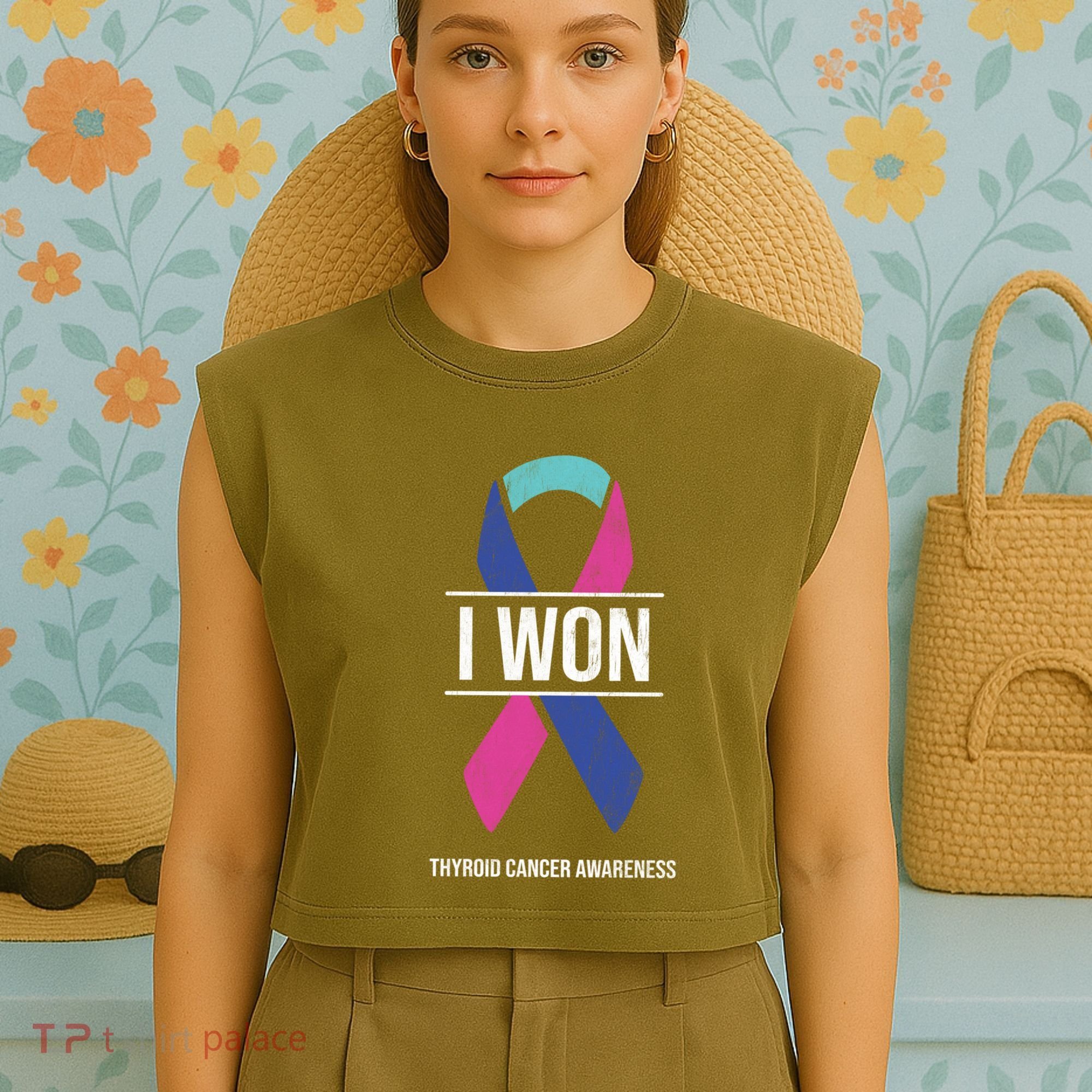 I Won Thyroid Cancer Awareness Thyroid Cancer Ribbon Gift Garment-Dyed Women's Muscle Tee
