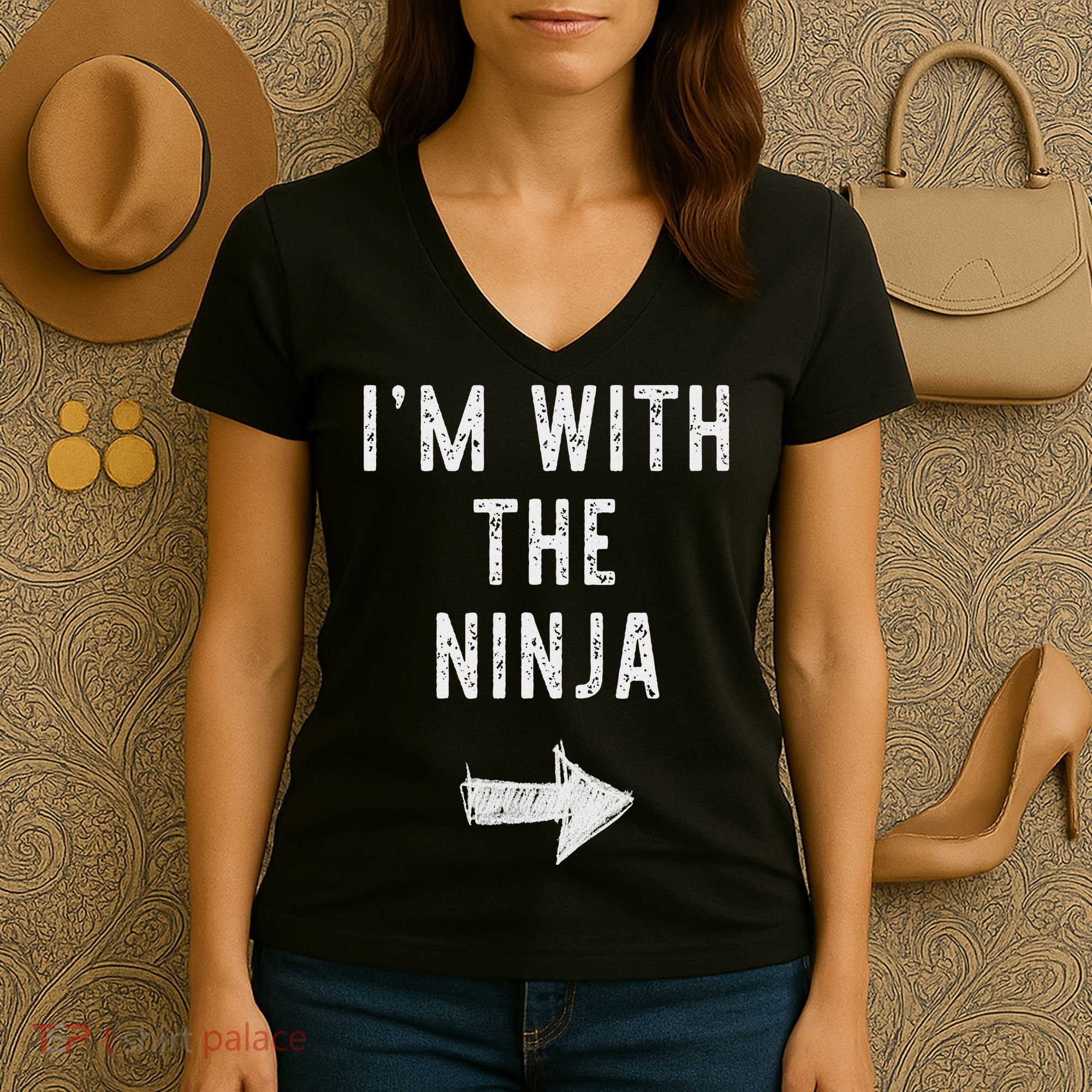 I'm With The Ninja Costume Halloween Matching Couple Women's V-Neck T-Shirt