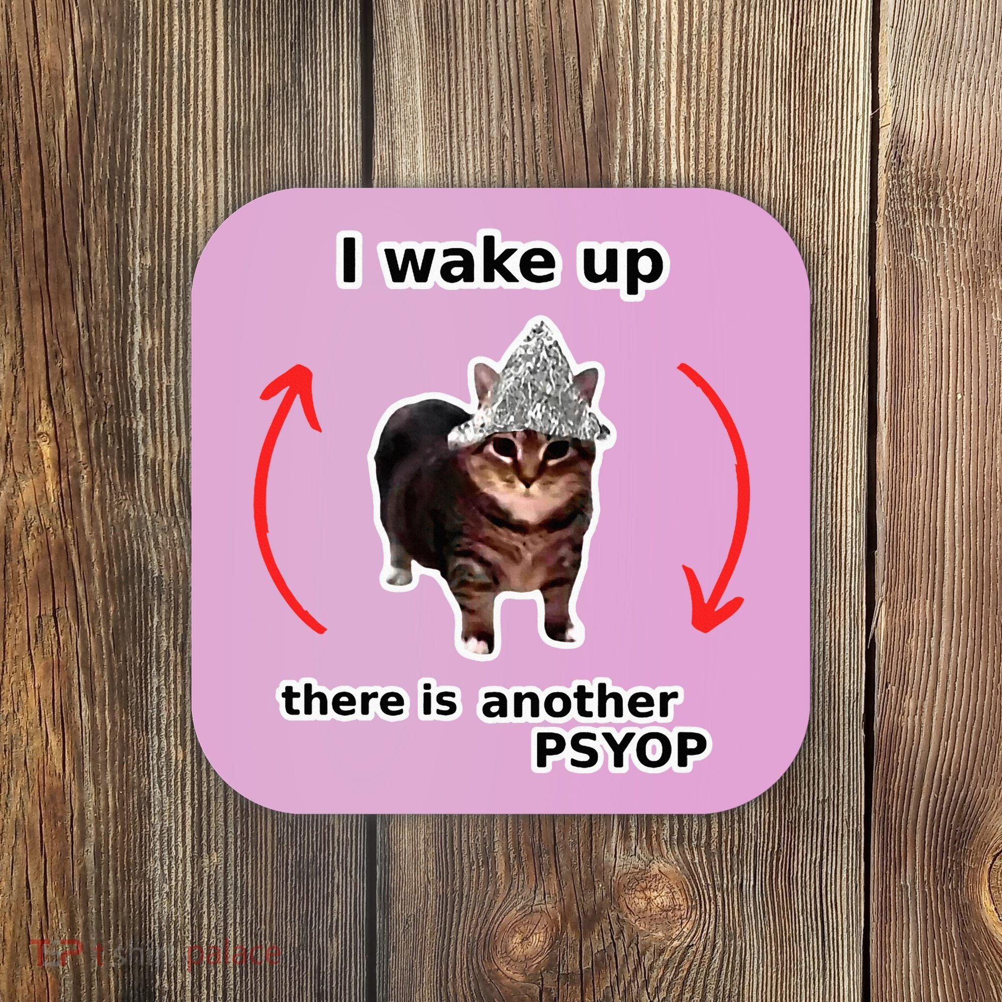 I Wake Up There Is Another Psyop Tin Foil Hat Cat Meme Coaster