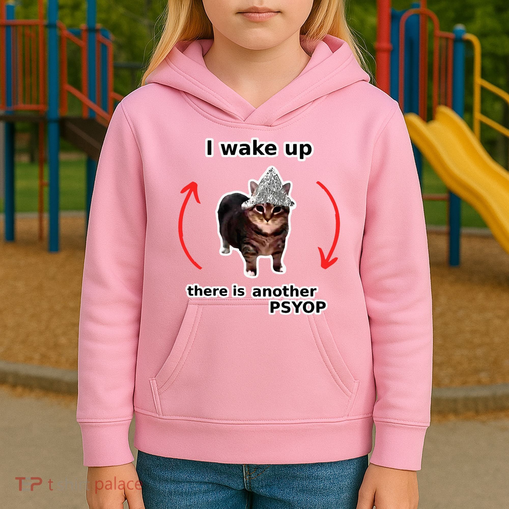 I Wake Up There Is Another Psyop Tin Foil Hat Cat Meme Kids Hoodie