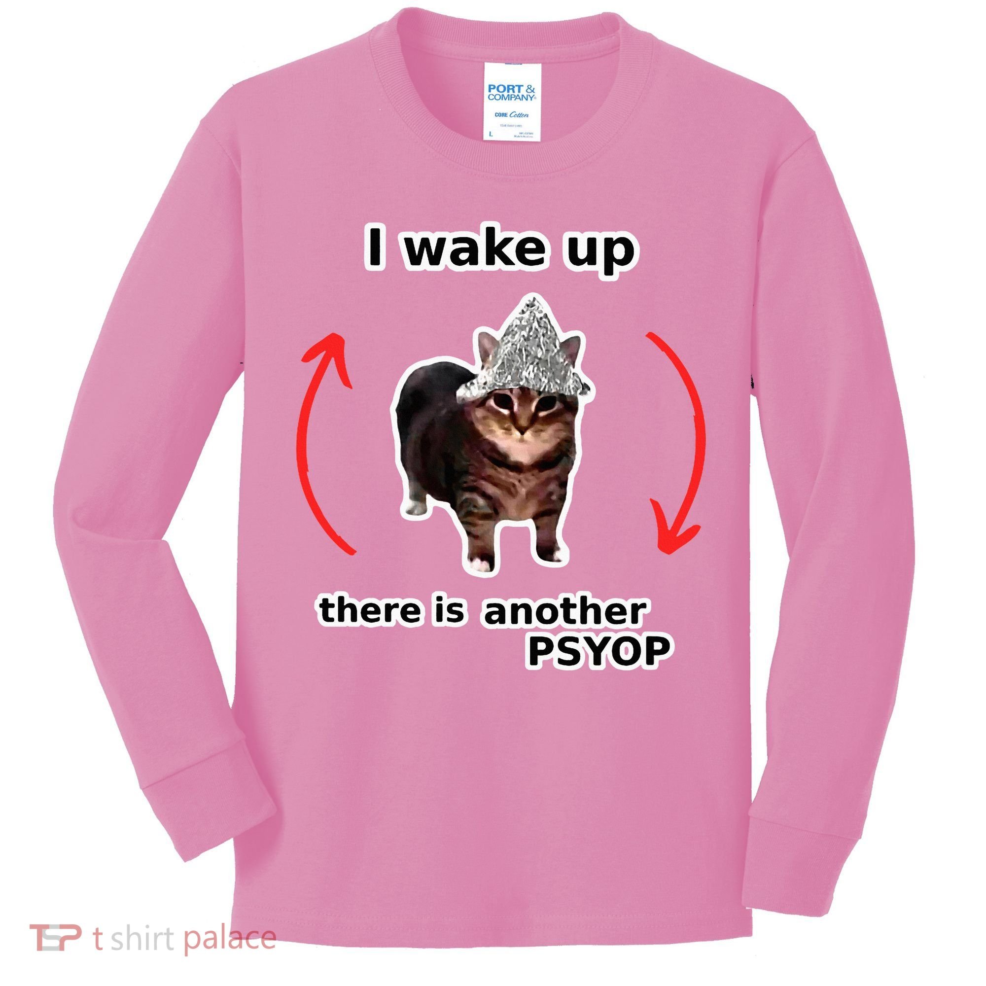 I Wake Up There Is Another Psyop Tin Foil Hat Cat Meme Kids Long Sleeve Shirt