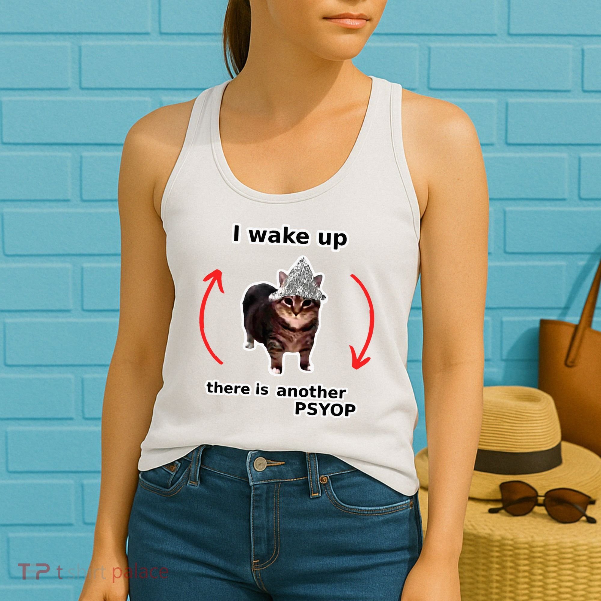 I Wake Up There Is Another Psyop Tin Foil Hat Cat Meme Women's Tank Top