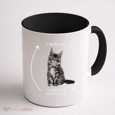 I Wake Up I Engage In Tomfoolery Silly Cat Meme Maine Coon Coffee Mug back